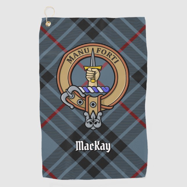 Clan MacKay Crest over Blue Tartan Golf Towel (Front)