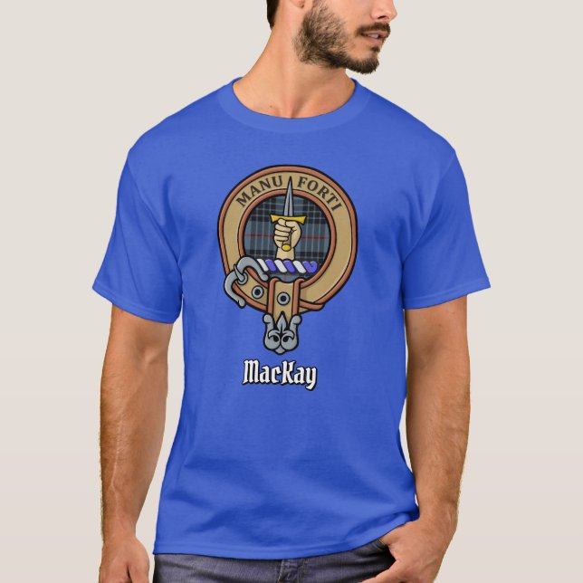 Clan MacKay Crest over Blue Tartan T-Shirt (Front)