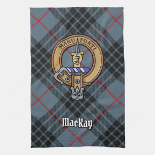 Clan MacKay Crest over Blue Tartan Tea Towel