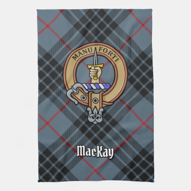 Clan MacKay Crest over Blue Tartan Tea Towel (Vertical)