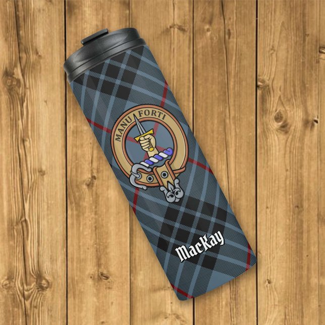 Clan MacKay Crest over Blue Tartan Thermal Tumbler (Creator Uploaded)