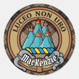 Clan MacKenzie Crest over Brown Hunting Tartan Classic Round Sticker