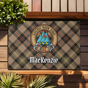 Clan MacKenzie Crest over Brown Hunting Tartan Doormat