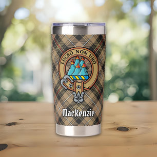 Clan MacKenzie Crest over Brown Hunting Tartan Insulated Tumbler