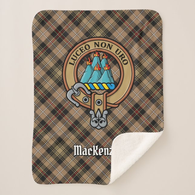 Clan MacKenzie Crest over Brown Hunting Tartan Sherpa Blanket (Front)