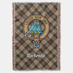 Clan MacKenzie Crest over Brown Hunting Tartan Throw Blanket