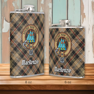 Clan MacKenzie Crest over Weathered Hunting Tartan Hip Flask