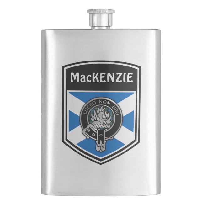 Clan MacKenzie Crest & Tartan Hip Flask (Front)