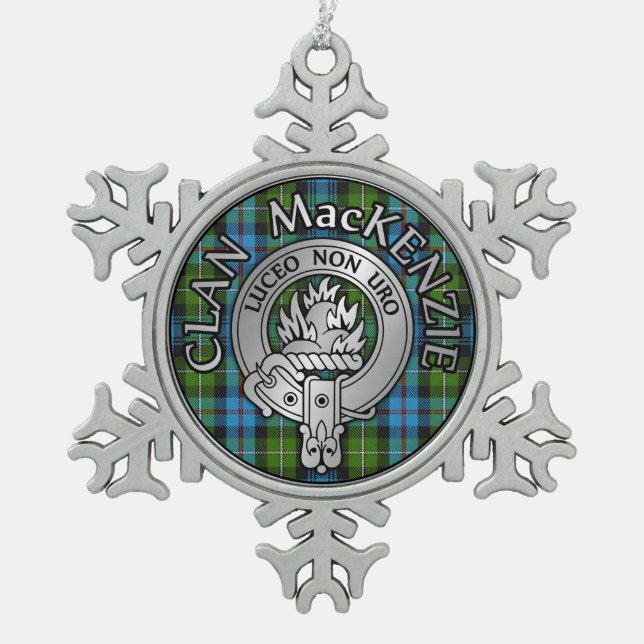 Clan MacKenzie Crest & Tartan Snowflake Pewter Christmas Ornament (Front)