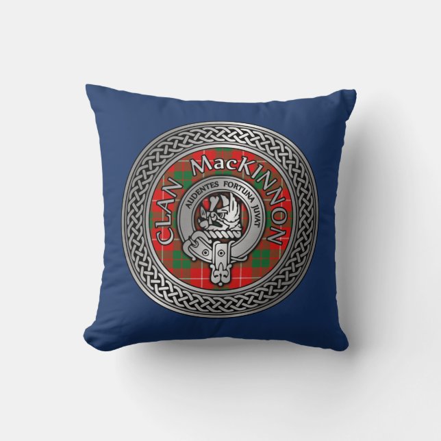 Clan MacKinnon Crest & Tartan Knot Throw Pillow (Front)