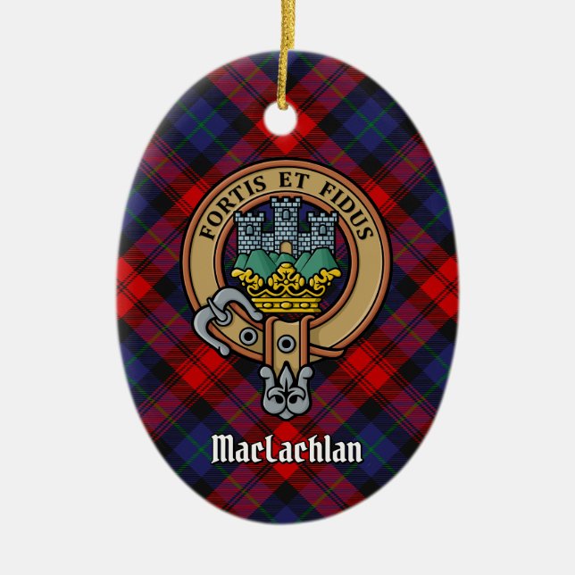 Clan MacLachlan Crest over Tartan Ceramic Ornament (Front)