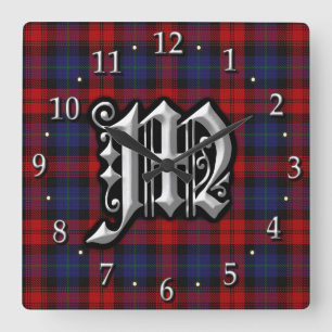 Clan MacLachlan Letter M Monogram Red Blue Tartan Square Wall Clock