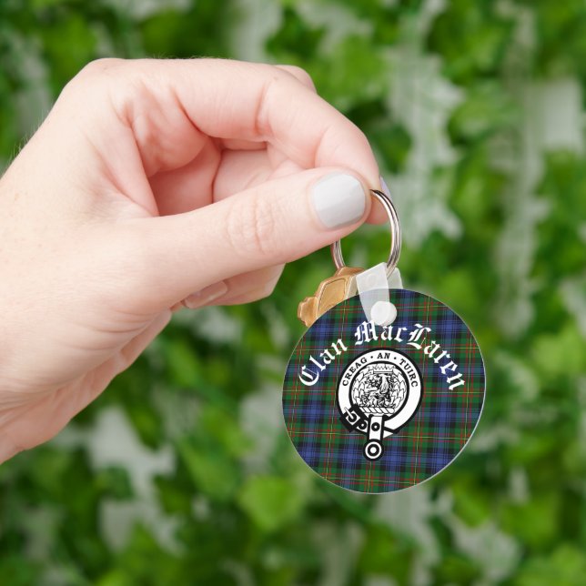 Clan MacLaren Crest Badge & Tartan Customisable  Key Ring (Hand)