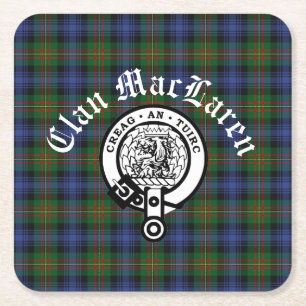 Clan MacLaren Crest Badge & Tartan Customisable Square Paper Coaster