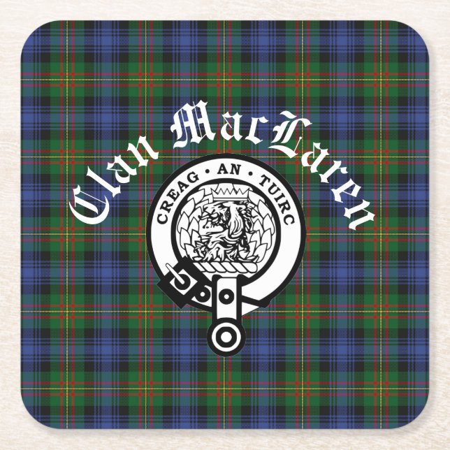 Clan MacLaren Crest Badge & Tartan Customisable  Square Paper Coaster (Front)