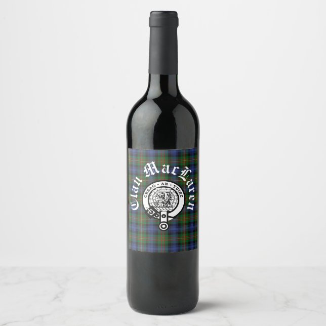 Clan MacLaren Crest Badge & Tartan Customisable Wine Label (Front)