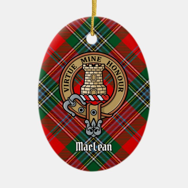 Clan MacLean Crest over Tartan Ceramic Ornament (Front)