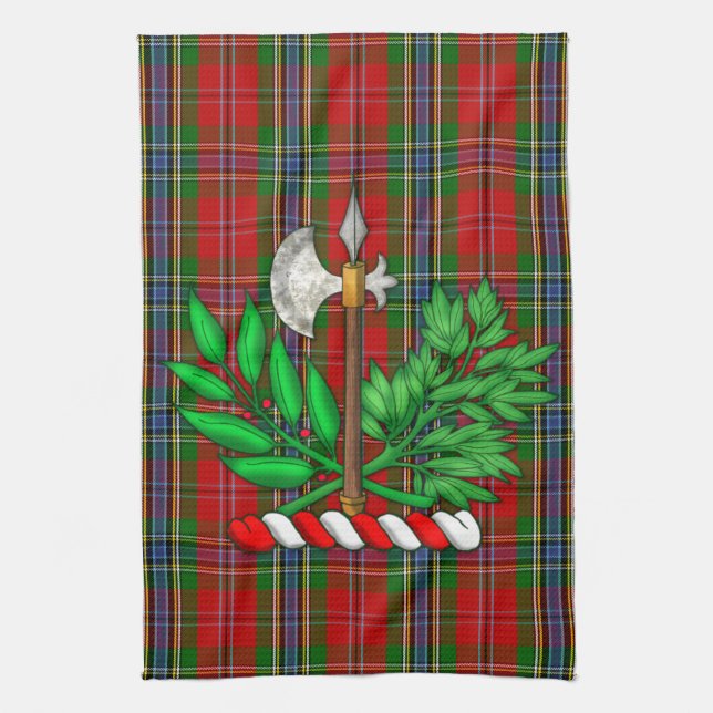Clan MacLean Tartan And BattleAxe Crest Tea Towel (Vertical)