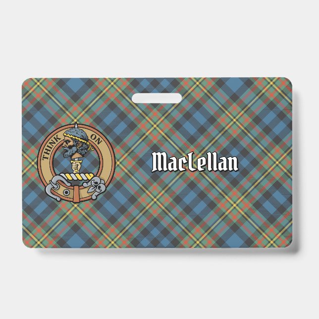 Clan MacLellan Crest over Ancient Tartan ID Badge (Front)