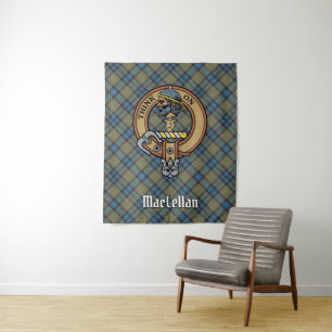 Clan MacLellan Crest over Ancient Tartan Tapestry