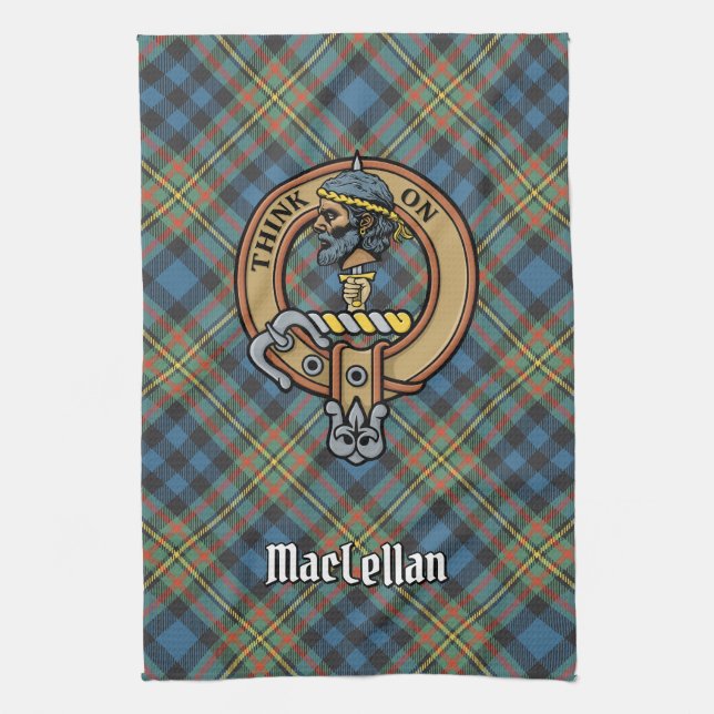 Clan MacLellan Crest over Ancient Tartan Tea Towel (Vertical)