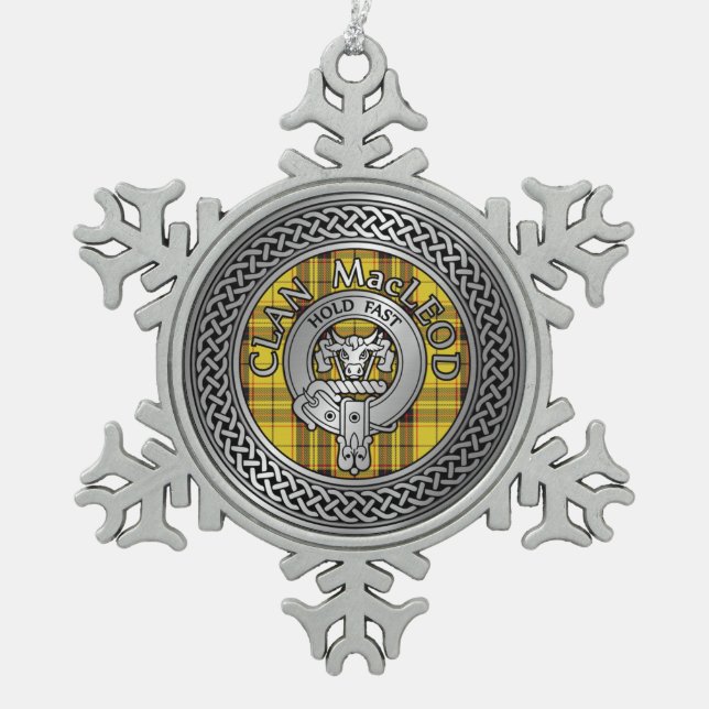 Clan MacLeod Crest & Tartan Knot Snowflake Pewter Christmas Ornament (Front)