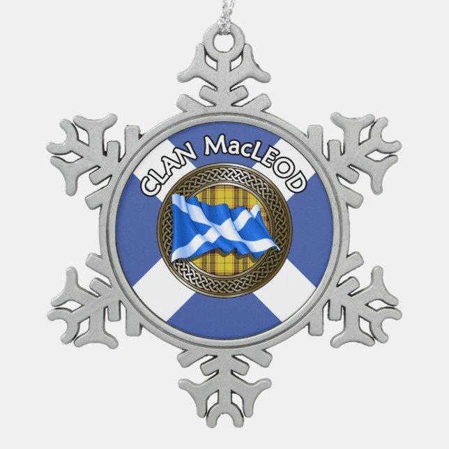 Clan MacLeod Tartan Knot & Flag Snowflake Pewter Christmas Ornament (Front)