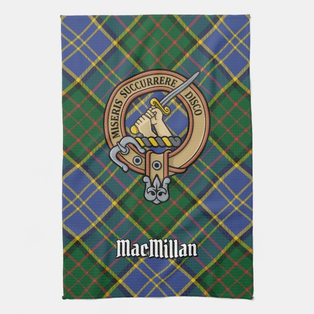 Clan MacMillan Crest over Hunting Tartan Tea Towel (Vertical)