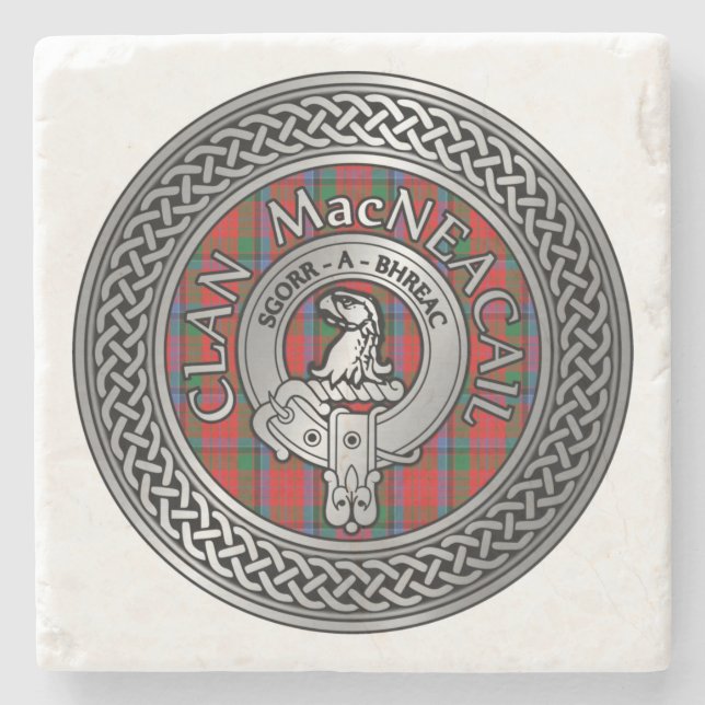 Clan MacNeacail | MacNicol Crest & Tartan Knot Stone Coaster (Front)