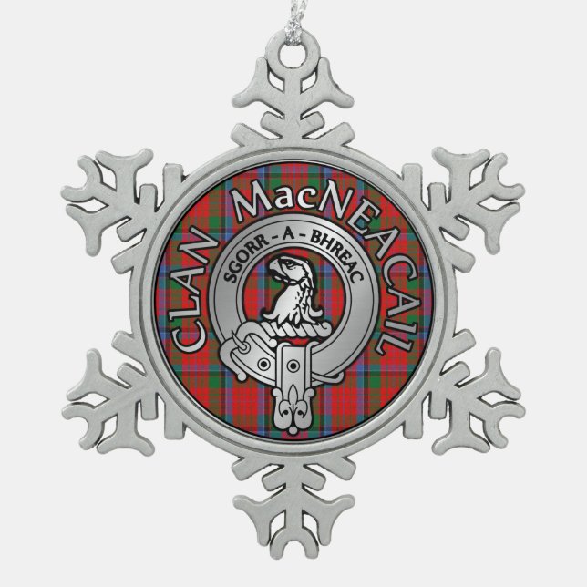 Clan MacNeacail | MacNicol Crest & Tartan Snowflake Pewter Christmas Ornament (Front)