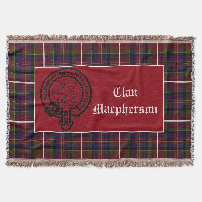 Clan Macpherson Crest Badge and Tartan Throw Blanket (Front)