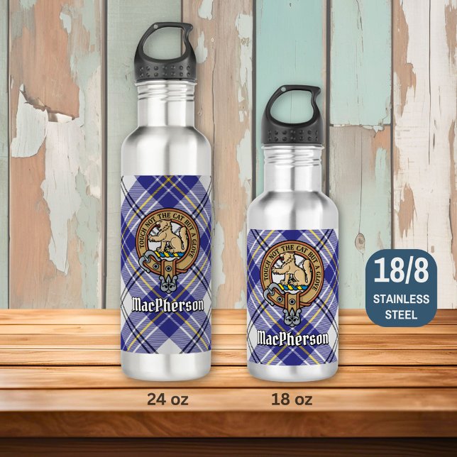 Clan MacPherson Crest over Blue Dress Tartan 710 Ml Water Bottle (Creator Uploaded)
