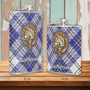 Clan MacPherson Crest over Blue  Dress Tartan Hip Flask