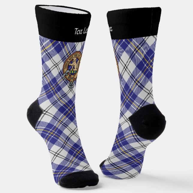 Clan MacPherson Crest over Blue Dress Tartan Socks (Angled)