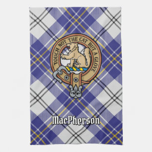 Clan MacPherson Crest over Blue Dress Tartan Tea Towel