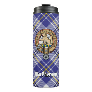 Clan MacPherson Crest over Blue Dress Tartan Thermal Tumbler