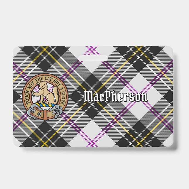 Clan MacPherson Crest over Dress Tartan ID Badge (Front)