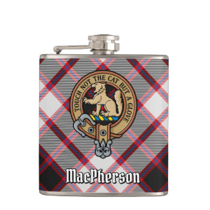 Clan MacPherson Crest over Hunting Tartan Hip Flask