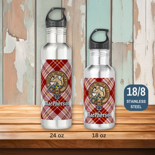 Clan MacPherson Crest over Red Dress Tartan 710 Ml Water Bottle (Creator Uploaded)