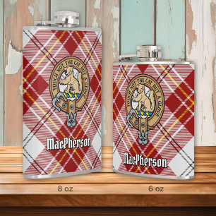 Clan MacPherson Crest over Red Dress Tartan Hip Flask