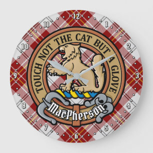 Clan MacPherson Crest over Red Dress Tartan Large Clock