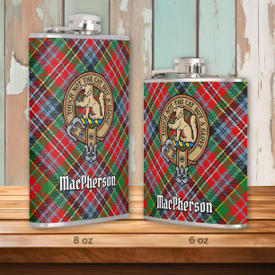 Clan MacPherson Crest over Tartan Hip Flask