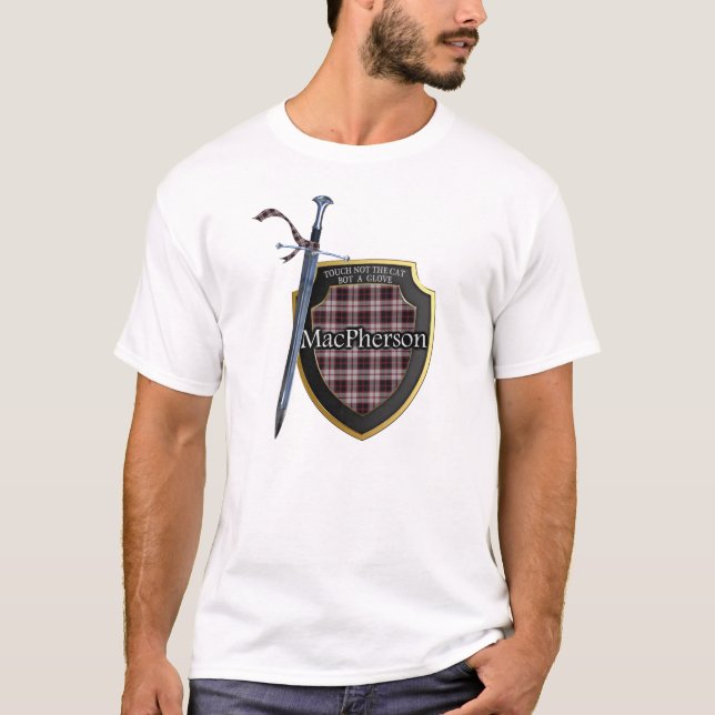 Clan MacPherson Tartan Scottish Shield & Sword T-Shirt (Front)