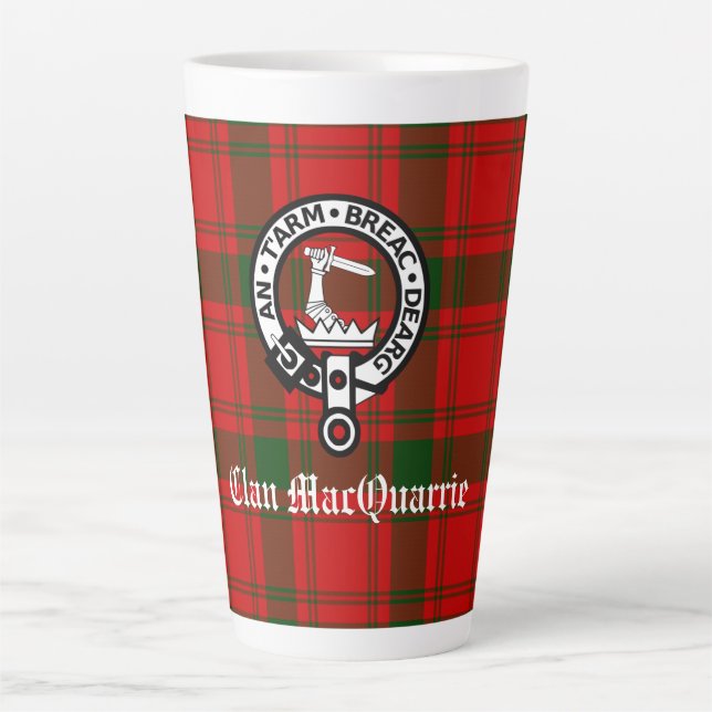 Clan MacQuarrie Tartan and Crest Latte Mug (Front)