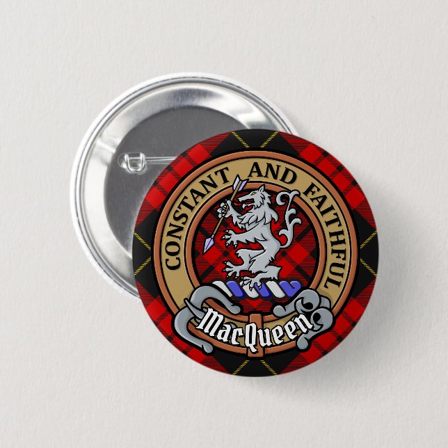 Clan MacQueen Crest over Tartan 6 Cm Round Badge (Front & Back)