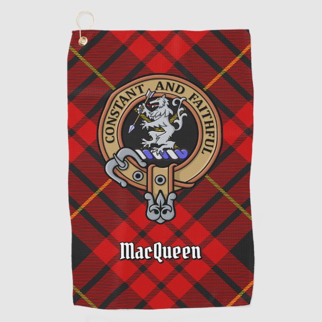 Clan MacQueen Crest over Tartan Golf Towel (Front)