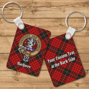 Clan MacQueen Crest over Tartan Key Ring