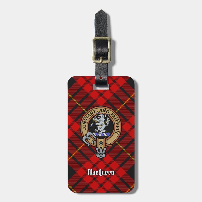Clan MacQueen Crest over Tartan Luggage Tag (Front Vertical)