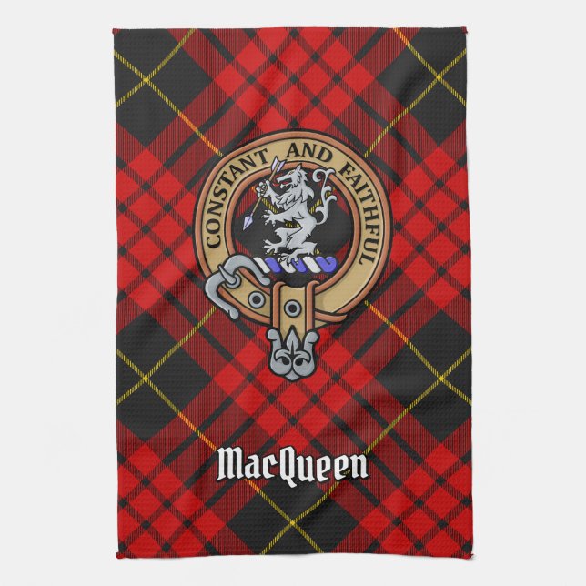 Clan MacQueen Crest over Tartan Tea Towel (Vertical)