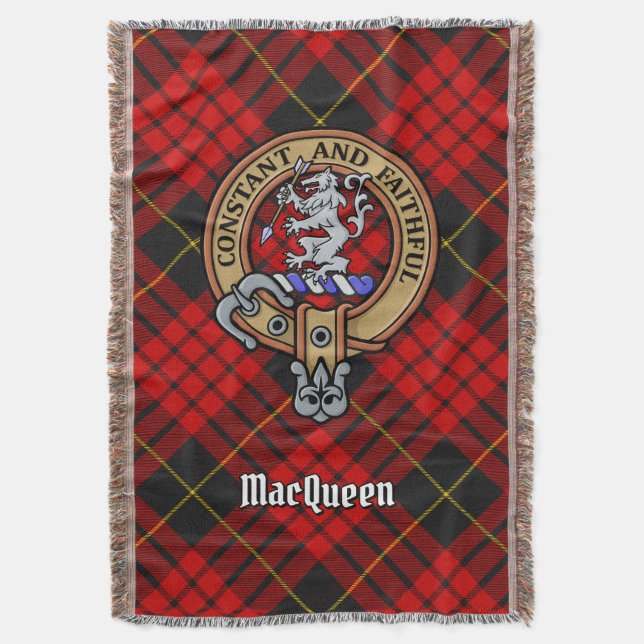 Clan MacQueen Crest over Tartan Throw Blanket (Front Vertical)